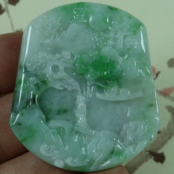 Cert'd Green 100% Natural A Jade jadeite Pendant Landscape Character 山水人物 - Picture 4 of 9